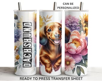 Dachshund, perro salchicha, raza de perro, transferencia de sublimación para vaso lista para presionar, diseño recto y delgado de 20 oz, hoja para imprimir, uso con prensa de calor