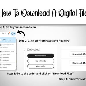 May include: A screenshot of a computer screen showing instructions on how to download a digital file from Etsy. The steps are numbered and include clicking on the account icon, then clicking on "Purchases and Reviews", then clicking on "Download Files", and finally clicking on "Download".