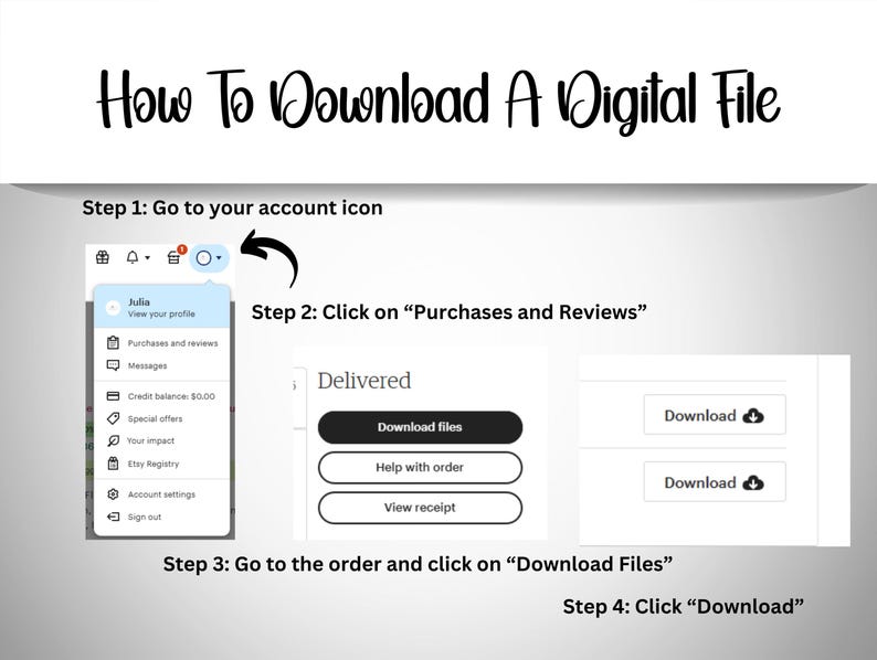 May include: A screenshot of a computer screen showing instructions on how to download a digital file from Etsy. The steps are numbered and include clicking on the account icon, then clicking on "Purchases and Reviews", then clicking on "Download Files", and finally clicking on "Download".