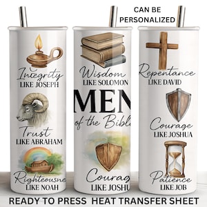 May include: Three white stainless steel tumblers with illustrations and text. One features a lamp, ram, and rainbow. Another has books and a shield. The third has a cross, shield, and hourglass. Text includes "Integrity," "Trust," and "Righteousness."