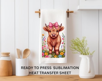 Cute Cow, Spring Flowers, Ready to Press Kitchen Towel Transfer Sublimation, Tea Towel, Print Out Sheet, Heat Press Use