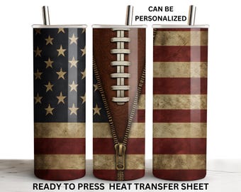 Football, American Flag, Vintage, Ready to Press Tumbler Transfer Sublimation, 20 oz Skinny Straight Wrap, Print Out Sheet, Heat Press Wrap