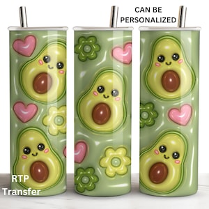 May include: Three stainless steel tumblers with a green background and a pattern of cartoon avocados with smiling faces, hearts, and flowers. The text "CAN BE PERSONALIZED" is at the top of the tumblers. The text "RTP Transfer" is at the bottom of the left tumbler.