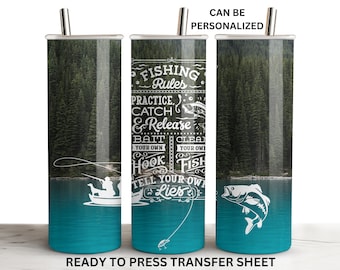 Fishing Rules, Bass Fish, Ready to Press Tumbler Sublimation Transfer, 20 oz Skinny Straight Wrap Design, Print Out Sheet, Heat Press Use