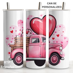 May include: A pink pickup truck with a large red heart balloon in the back. The truck is surrounded by pink hearts on a white background. The text "CAN BE PERSONALIZED" is at the top of the image.