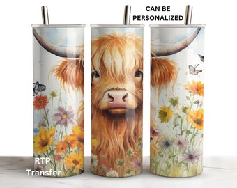 May include: A stainless steel tumbler with a watercolor design of a Highland cow with flowers and butterflies. The tumbler is 20 ounces and has a straw. The text "CAN BE PERSONALIZED" is printed on the tumbler.
