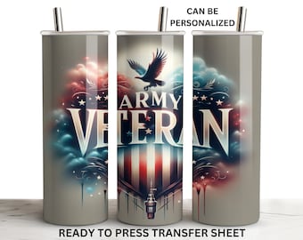 Veterano del ejército, águila estadounidense, bandera, transferencia por sublimación para vaso, listo para presionar, envoltura recta delgada de 20 oz, uso con prensa térmica, hoja para imprimir