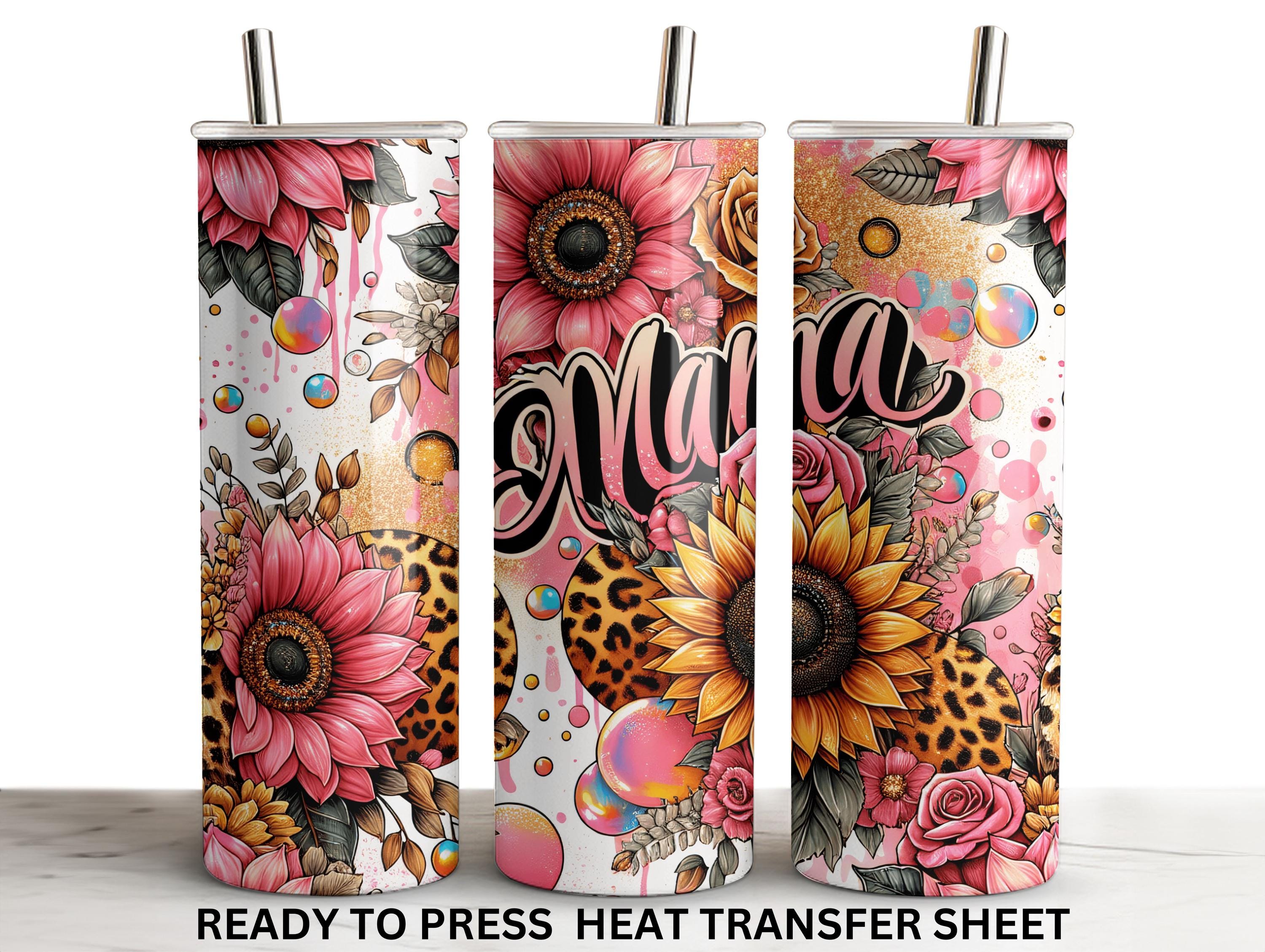 Mama, Sunflowers, Pink Leopard, Ready to Press Tumbler Sublimation Transfer Wrap, 20oz Skinny Straight Wrap, Print Out Sheet, Heat Press Use