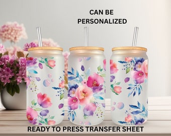 Pink Summer, Wildflowers, Ready to Press, 16oz Glass Can Wrap, Sublimation Transfer, Heat Press Use, Print Out Sheet