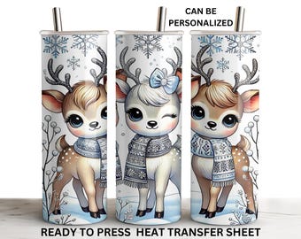 Reindeer, Snowflakes, Christmas, Ready to Press Tumbler Sublimation Transfer, 20 oz Skinny Straight Wrap, Print Out Sheet, Heat Press Use