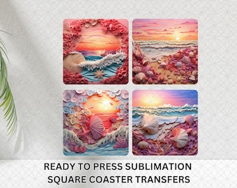 May include: Four square sublimation coaster transfers featuring textured, layered beach and sunset scenes with pink, orange, and blue hues. The designs include seashells, starfish, ocean waves, and sunlit horizons. Text reads: READY TO PRESS SUBLIMATION SQUARE COASTER TRANSFERS.