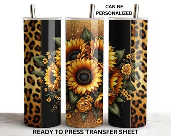 Girasoles, estampado de leopardo, ramo de otoño, transferencia de sublimación de vaso listo para presionar, envoltura recta delgada de 20 oz, hoja impresa, prensa de calor