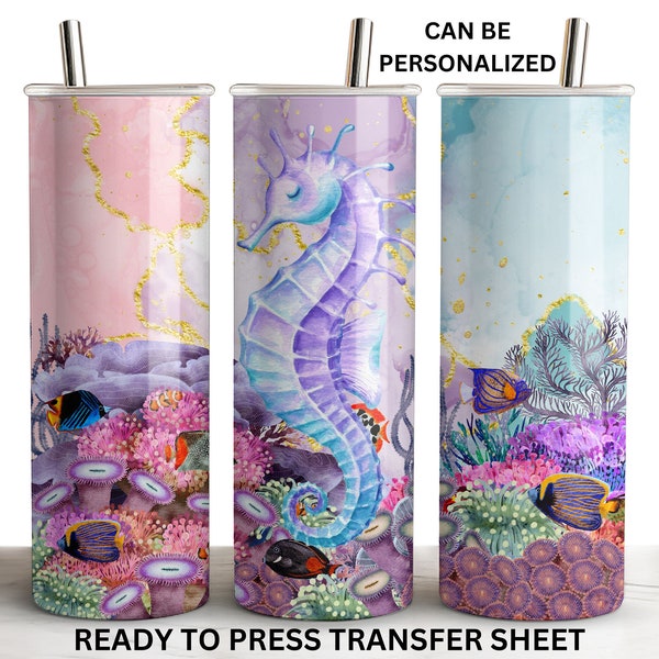 Pastel Seahorse, Ocean Reef, Coastal, Ready to Press Tumbler Sublimation Transfer Wrap, 20oz Skinny Straight Design, Print Out Sheet