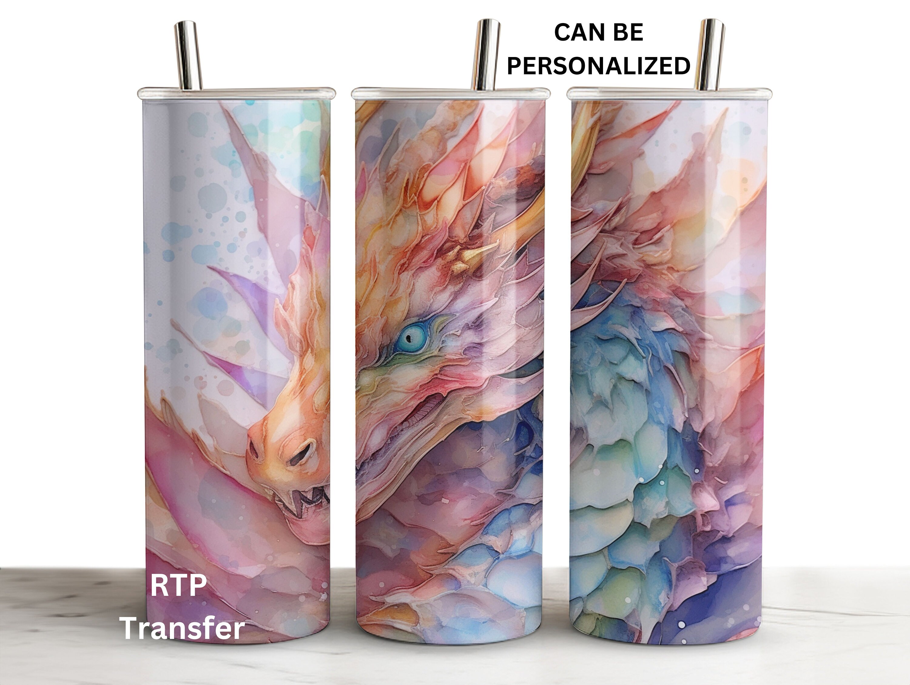 Dragon, Watercolor, Ready to Press Tumbler Transfer, Sublimation, 20 oz Skinny Straight Wrap, Print Out Sheet, Heat Press Use