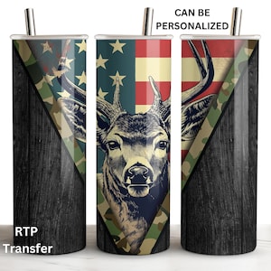 May include: A stainless steel tumbler with a black wood grain background and a design featuring a deer head with camouflage and American flag patterns. The text "CAN BE PERSONALIZED" is visible at the top of the image.