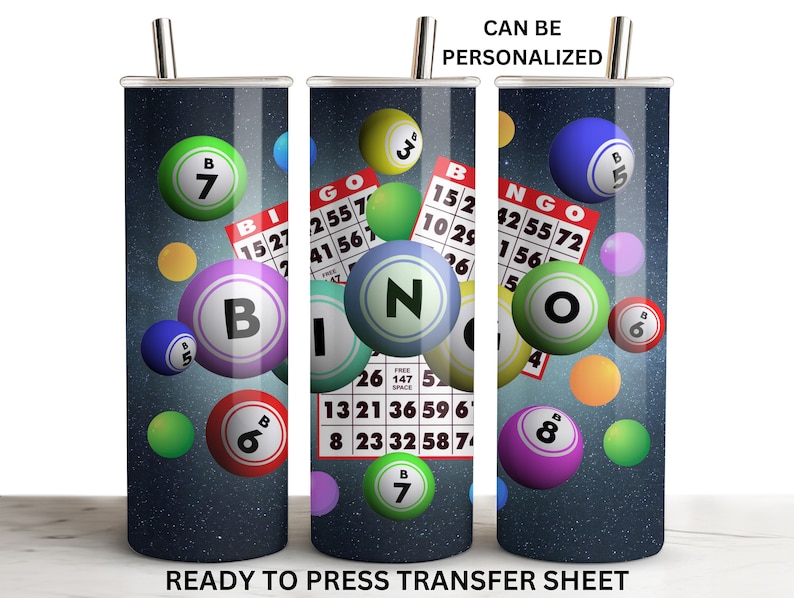 May include: A sublimation design featuring a bingo card and bingo balls with numbers on a dark blue background. The design is ready to be pressed onto a tumbler.