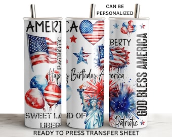 4th of July, America, Freedom, Patriotic, Ready to Press Tumbler Transfer Sublimation Wrap, 20oz Skinny Straight Design, Print Out Sheet