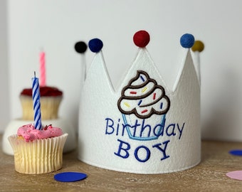 Birthday Boy Embroidered Crown - Embroidered Birthday Cupcake kids crown with Felt Pom Poms- Custom Kids Party Hat - Costume Dress-up Crown