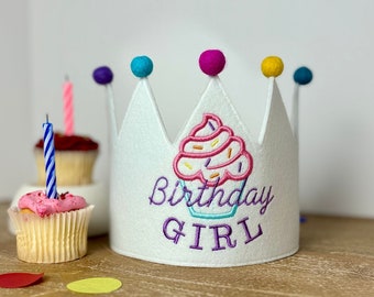 Birthday Girl Embroidered Crown - Embroidered Birthday Cupcake kids crown with Felt Pom Poms- Custom Kids Party Hat - Costume Dress-up Crown