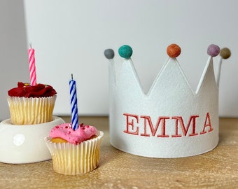 Personalized Name Embroidered Crown - Embroidered kids crown with Felt Pom Poms- Custom Kids Party Hat - Costume Dress-up Crown