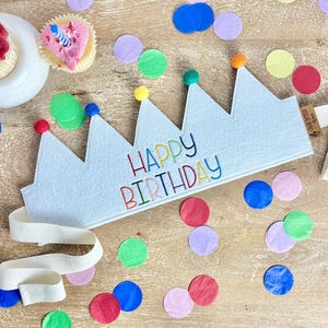 Happy Birthday Embroidered Crown - Embroidered Birthday Crown with Felt Pom Poms- Custom Kids Party Hat - Rainbow Colored Happy Birthday Hat