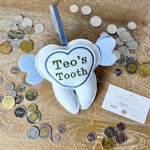 Blue Winged Tooth Fairy Pillow- Custom Embroidered Tooth Pillow with Pocket- Tooth Fairy Keepsake Pillow -Door Frame/Bedframe Tooth Pillow