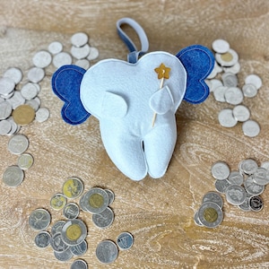Dark Blue Winged Tooth Fairy Pillow- Embroidered Tooth Pillow with Pocket- Tooth Fairy Keepsake Pillow -Door Frame/Bedframe Tooth Pillow