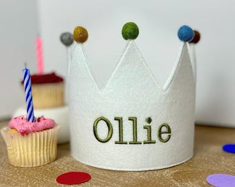 Personalized Embroidered Felt Crown: Custom Kids Party Hat with Pom Poms