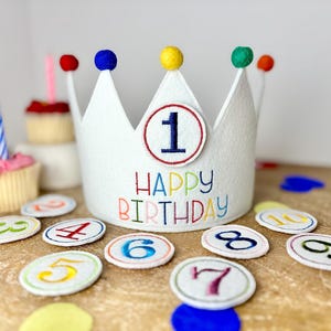 Happy Birthday Embroidered Crown with Felt Pom Poms - Ages 1 to 10 Rainbow Coloured Custom Kids Party Hat - Changeable Age Birthday Hat