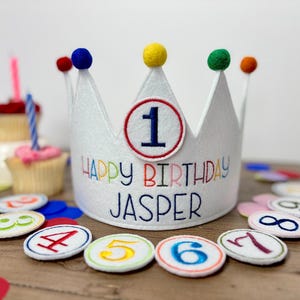 Custom Name Happy Birthday Embroidered Crown with Pom Poms- Ages 1 to 10 Rainbow Coloured Custom Kids Party Hat- Changeable Age Birthday Hat