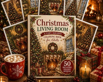 May include: A Christmas Living Room colouring book for adults featuring 50 holiday designs, surrounded by a red mug with marshmallows, snowflake-shaped biscuits, a tin of coloured pencils, a candle, and several printed colouring pages.