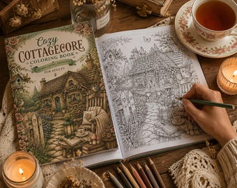 May include: A colouring book titled Cozy Cottagecore Colouring Book with 30 relaxing designs for adults. The cover features a detailed illustration of a cottage, while the open page shows a black and white line drawing of a similar garden scene.