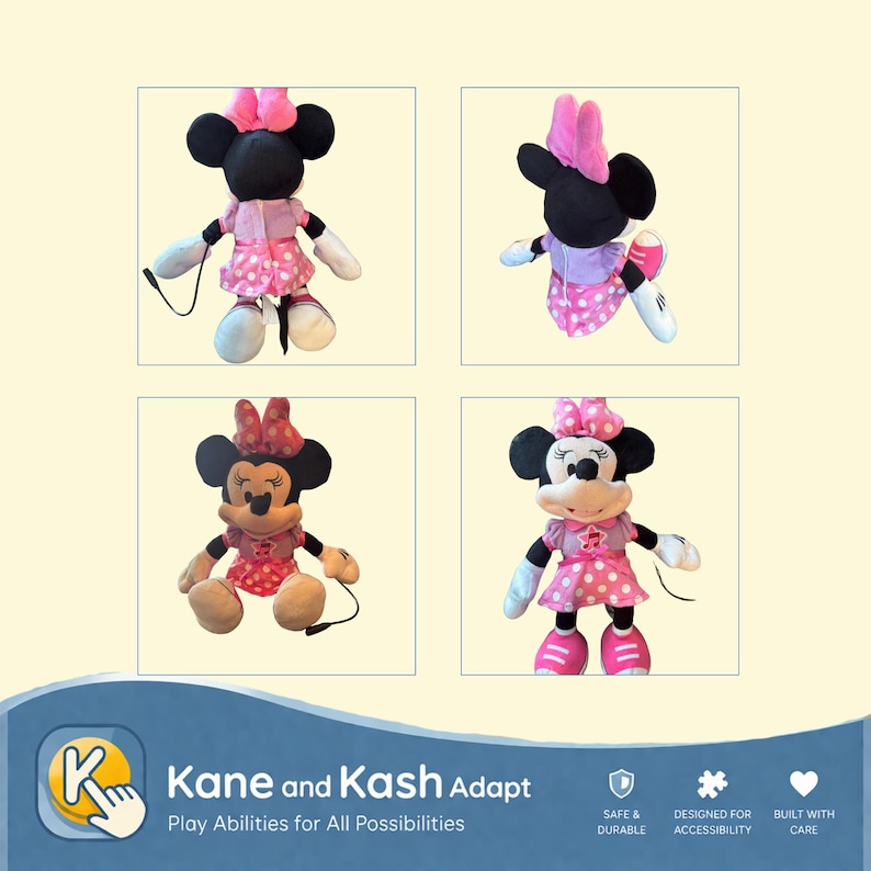 May include: Four Minnie Mouse plush dolls in pink polka dot dresses and bows. The dolls have black ears and faces, white gloves, and shoes. The image includes the text "Kane and Kash Adapt: Play Abilities for All Possibilities."