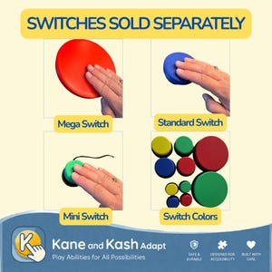 May include: Image showcasing various colored switches, including red, blue, and green, with the text "SWITCHES SOLD SEPARATELY." The switches are labeled "Mega Switch," "Standard Switch," and "Mini Switch." The image also displays a variety of switch colors.