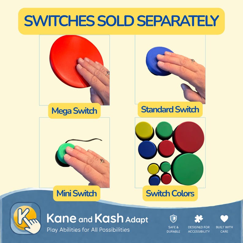 May include: Image showcasing various colored switches, including red, blue, and green, with the text "SWITCHES SOLD SEPARATELY." The switches are labeled "Mega Switch," "Standard Switch," and "Mini Switch." The image also displays a variety of switch colors.