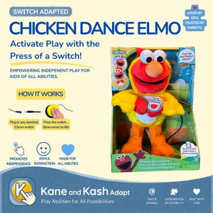 May include: A boxed Chicken Dance Elmo toy with a red head, yellow body, and orange legs. The packaging includes text that reads "Activate Play with the Press of a Switch!" and "Empowering Independent Play for Kids of All Abilities."