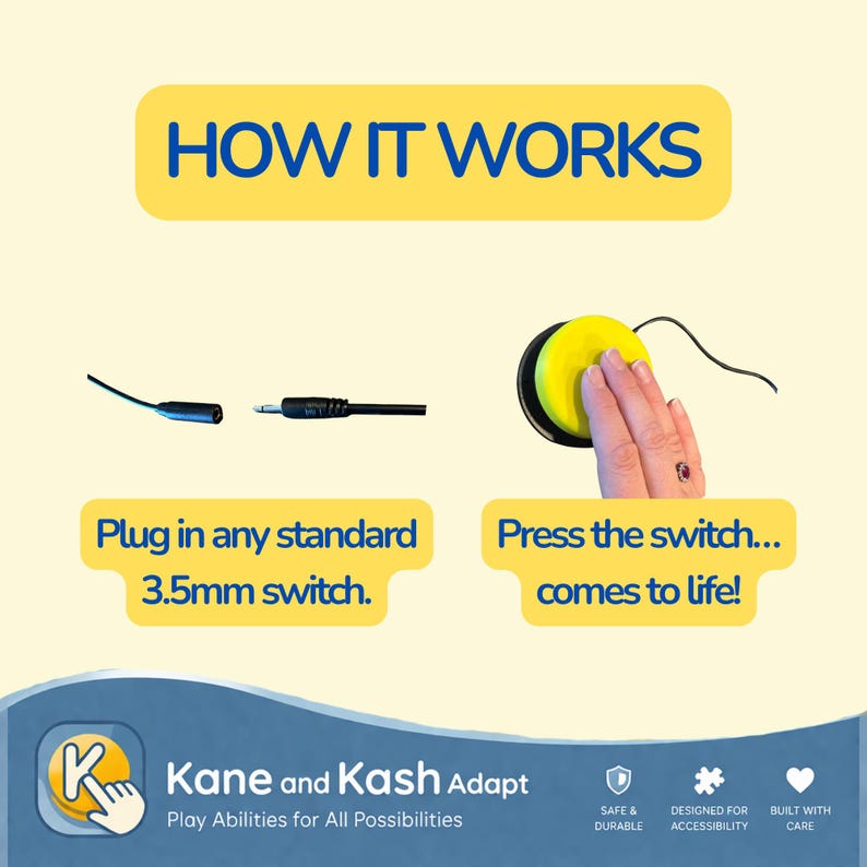 May include: An instructional graphic with the text "HOW IT WORKS" at the top. It shows a 3.5mm switch being plugged in and a yellow button being pressed. The text reads "Plug in any standard 3.5mm switch" and "Press the switch... comes to life!"