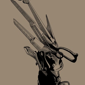 May include: A black and white illustration of a hand with a glove and four blades, with a butterfly flying above the blades.