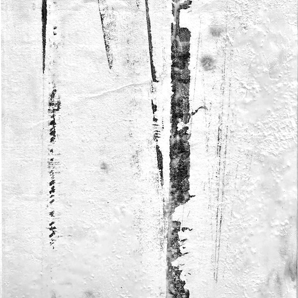 monotype original à l'encaustique collection de petites œuvres no. 017 cire d'abeille pigmentée abstraite minimale noir et blanc sur papier de riz avec noir mat