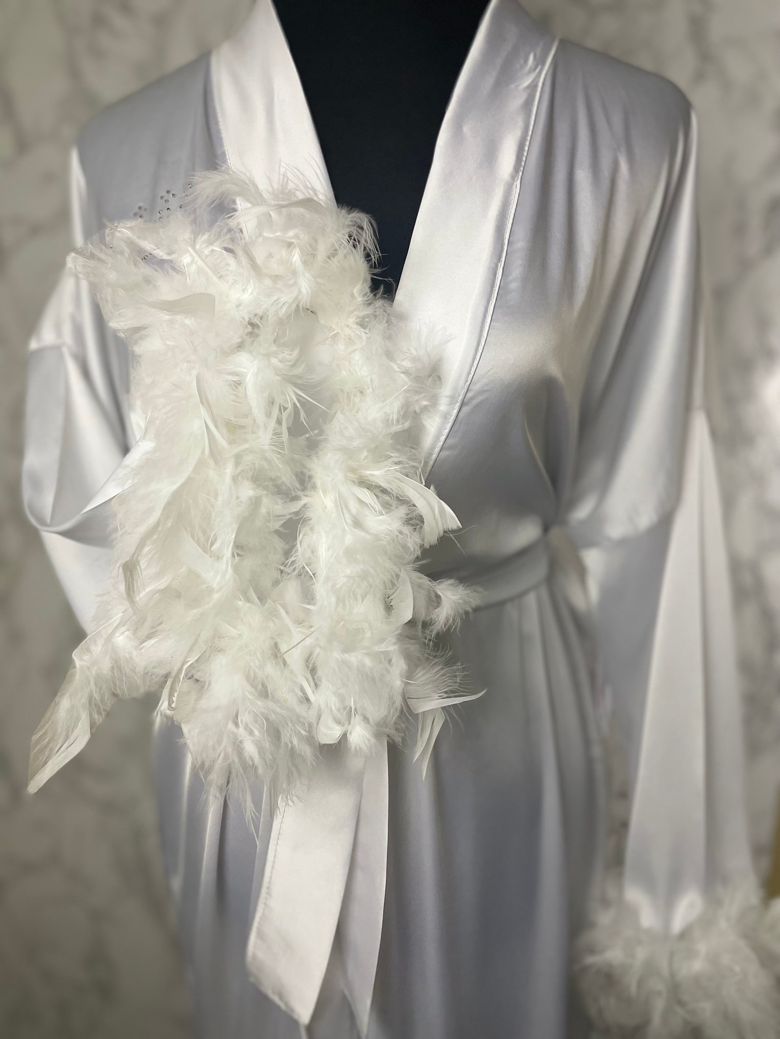 Custom Bridal Robe: White Silk, Pearls, Rhinestones, Feathers - Etsy