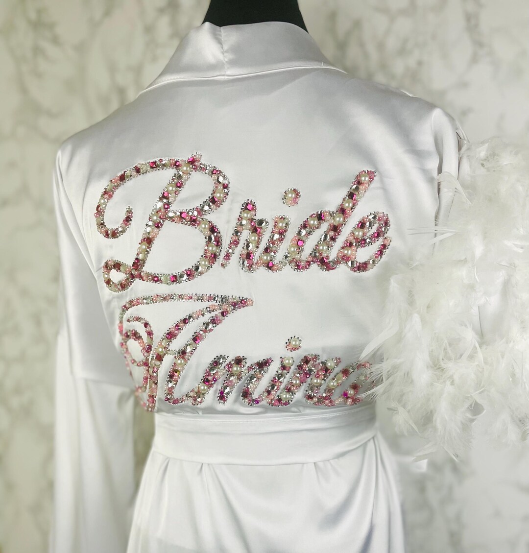White Silk Bride Robe Personalized With Crystals and Pearls Handmade ...