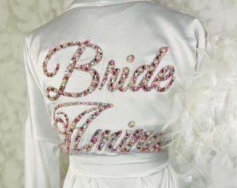 White silk Bride robe Personalized with Crystals and pearls Handmade bridal robe
