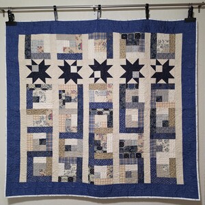 Handmade Patchwork Quilt “Star Watch Blues” | Cozy Cotton Throw/Lap Size Quilt | 60x55