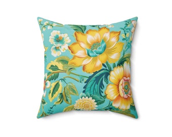 Sunny Yellow and Calming Teal Floral Pillow - Classic style - Concealed Zipper