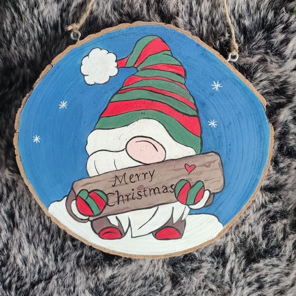 Wooden Christmas Doorplate Christmas Gnome Hand-Painted One of a Kind