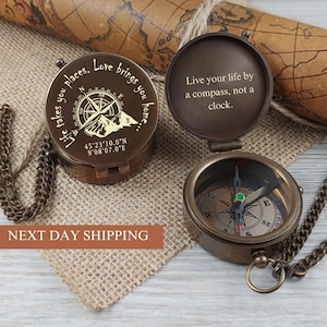 Personalized Engraved Compass with wooden box, Groomsmen Gift, Navy Gift, Christmas Gift, Anniversary Gift, Office Gift