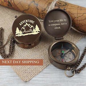 Adventure Awaits, Personalized Compass, Custom Engraved Anniversary Gift - Compass, Wedding Gift for Groom, Compass for My Husband - Wife