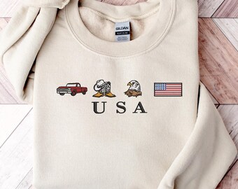 Embroidered USA Sweatshirt, Truck, Cowboy Boots, Eagle, Flag Crewneck
