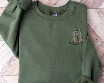 Embroidered Raccoon Crewneck Sweatshirt, Cute Animal Gift
