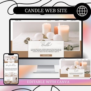 May include: A website mockup for a candle business. The website features a light brown background with a white text box that says "Hello!" and "Shop Now". The text box is positioned over a photo of white candles and white eggs on a white tablecloth. The website also includes a navigation bar with the words "Home", "About", "Shop", and "Contact".